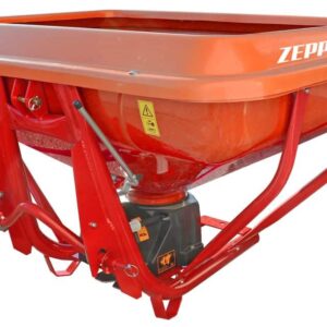 Abonadora pendular Zeppelin con tolva de fibra de vidrio, lista para esparcir sal o fertilizante.
