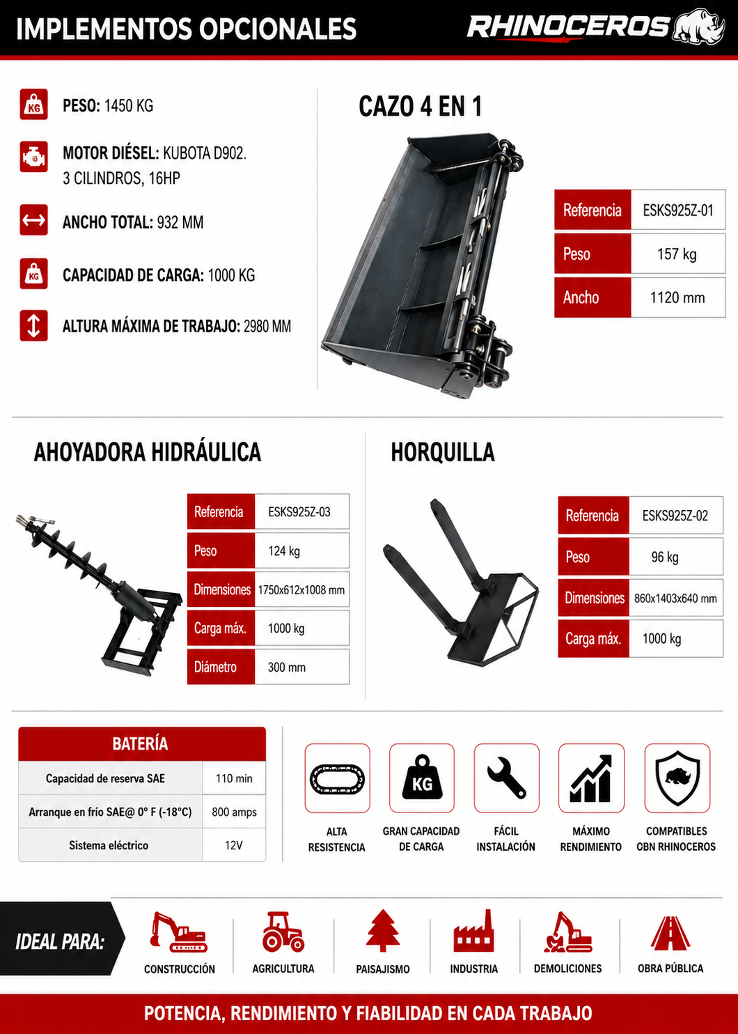 Comprar maquinaria agrícola en tienda online Minicargadora de Orugas 16HP Rhinoceros KS925 - Imagen 2